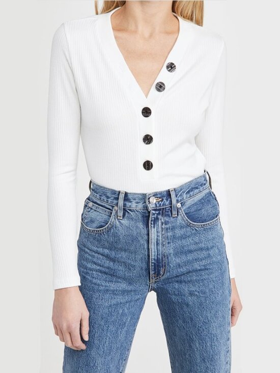 ASKK NY Tops - ASKK NY Long Sleeve Rib Button‎ Tee White Size 1 (Small)